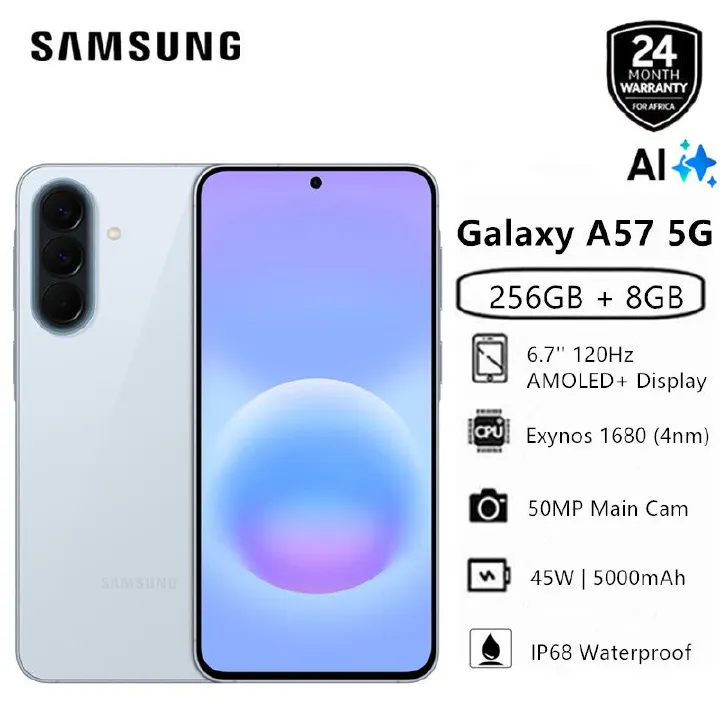 New Arrival Samsung Galaxy A57 5G AI phone 256GB+8GB 6.7" 120Hz AMOLED Exynos 1680 (4nm) 50MP Triple Camera Android 16 45W 5000mAh IP68 Dust Water Resistant Type-C Charge Smart Phones