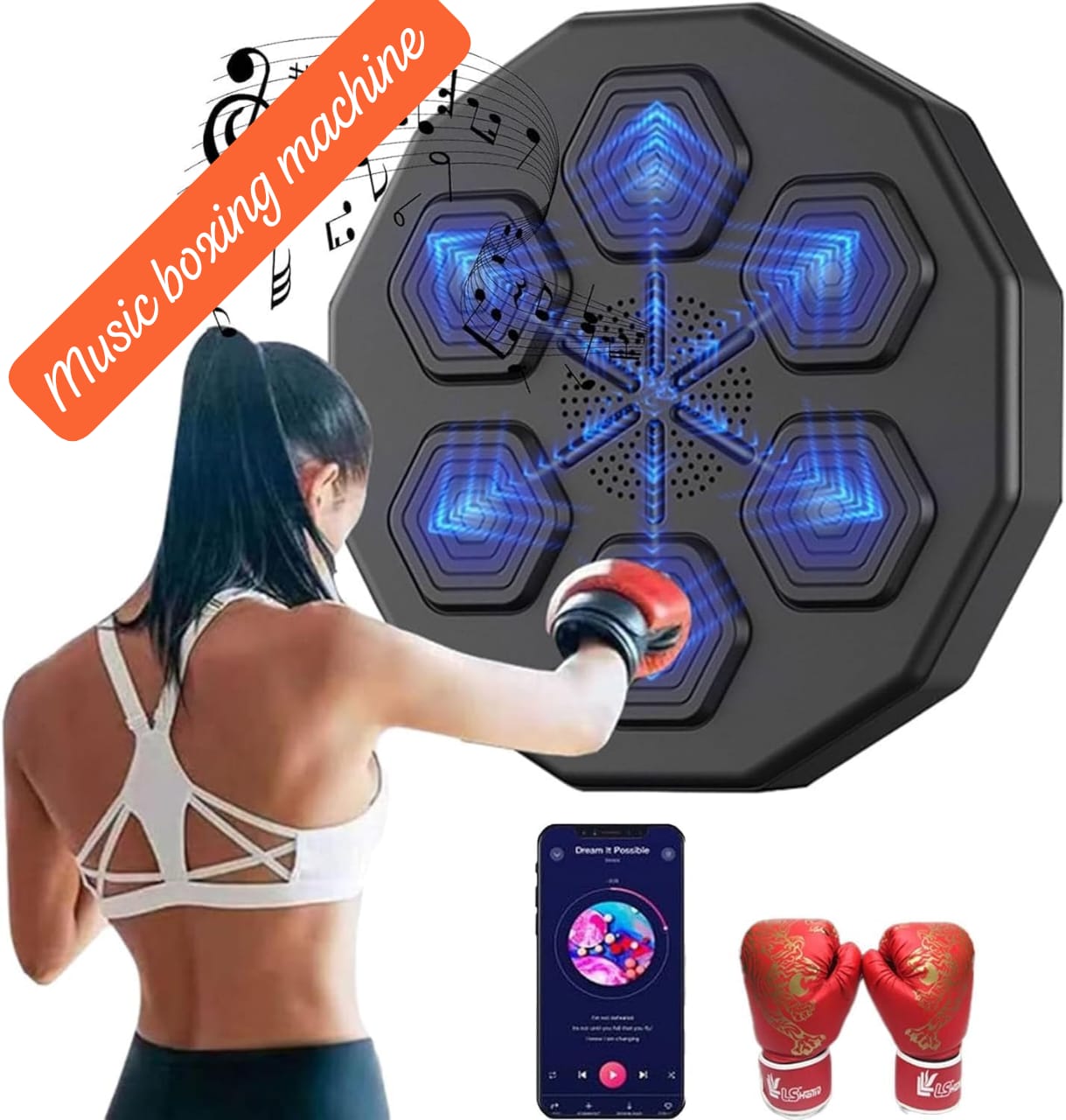 Intelligent Bluetooth Music Boxing Fitness Trainer – USB Charging Punching Trainer with Gloves for Indoor Sports & Fun, Suitable for Both Adults & Kids