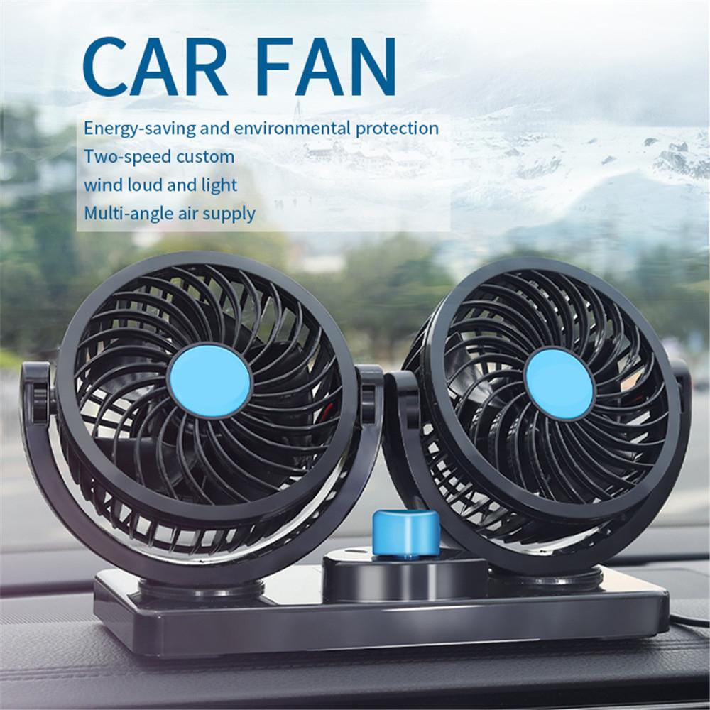 Car Dashboard & Windshield Dual Head Fan – 12V Electric Adjustable 360° Rotatable Cooling Fan with 2 Speeds for Car Ventilation & Climate Control