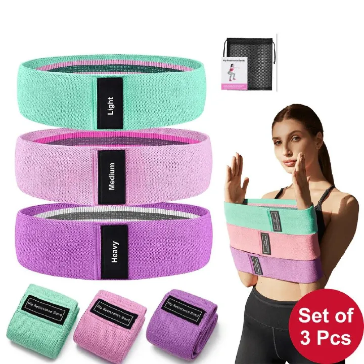 Set of 3 Resistance Bands for Legs & Butt – Exercise Bands, Booty Bands, Hip Bands & Wide Workout Bands in Pink, Teal & Purple Colors