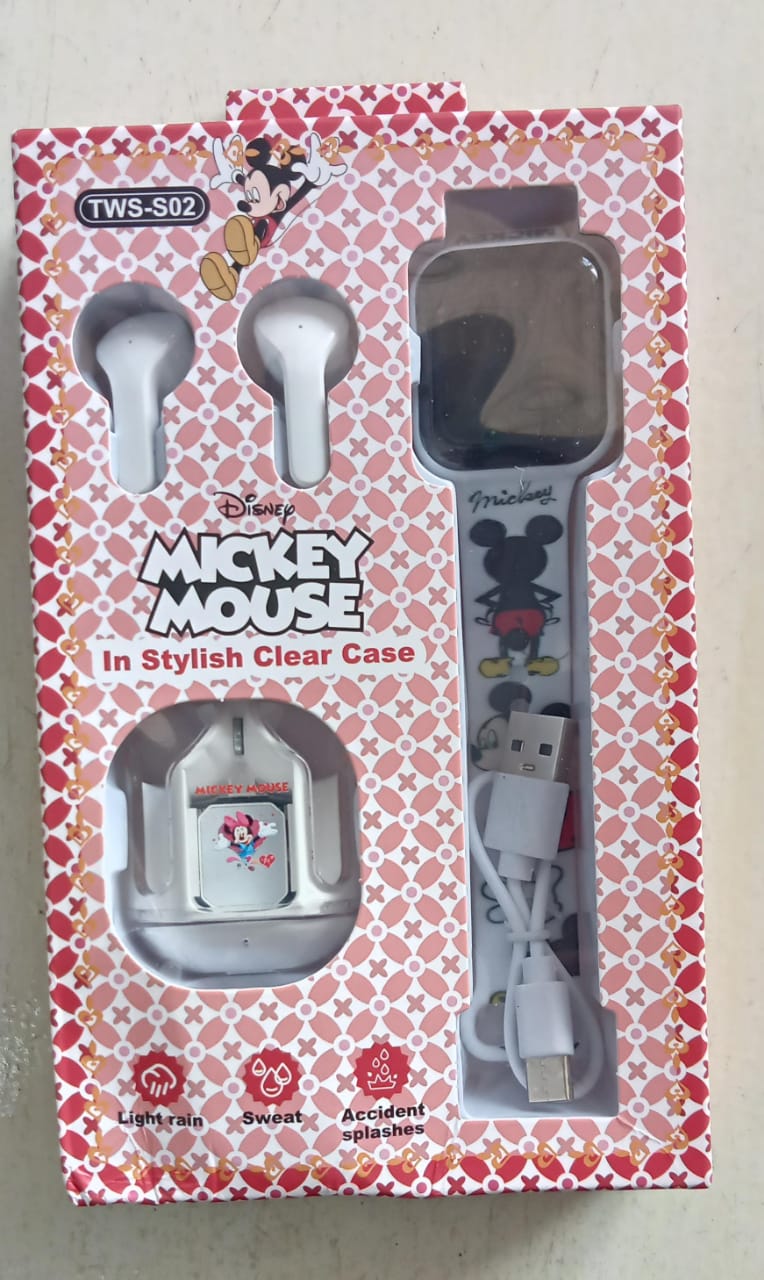 Mickey Mouse TWS-S02 Smart Watch – Disney Themed Kids Smartwatch with Wireless Earbuds, Bluetooth Music & Calls, Lightweight Case for Entertainment & Learning