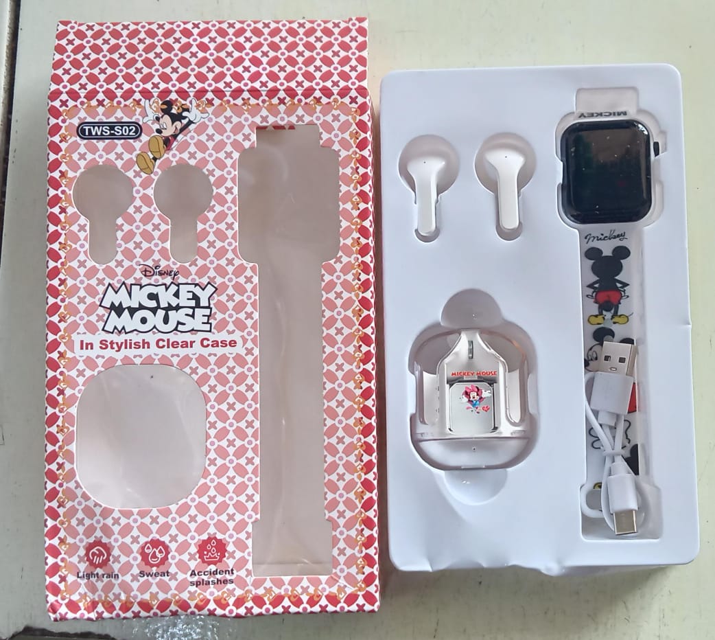 Mickey Mouse TWS-S02 Smart Watch – Disney Themed Kids Smartwatch with Wireless Earbuds, Bluetooth Music & Calls, Lightweight Case for Entertainment & Learning