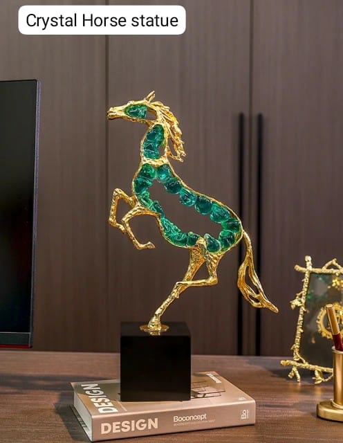 Luxury Modern Crystal Horse Statue – Marble Base Metal Glass Horse Sculpture, Handicraft Ornament for Home, Office, Bar & Desktop Decor, Collection Gift