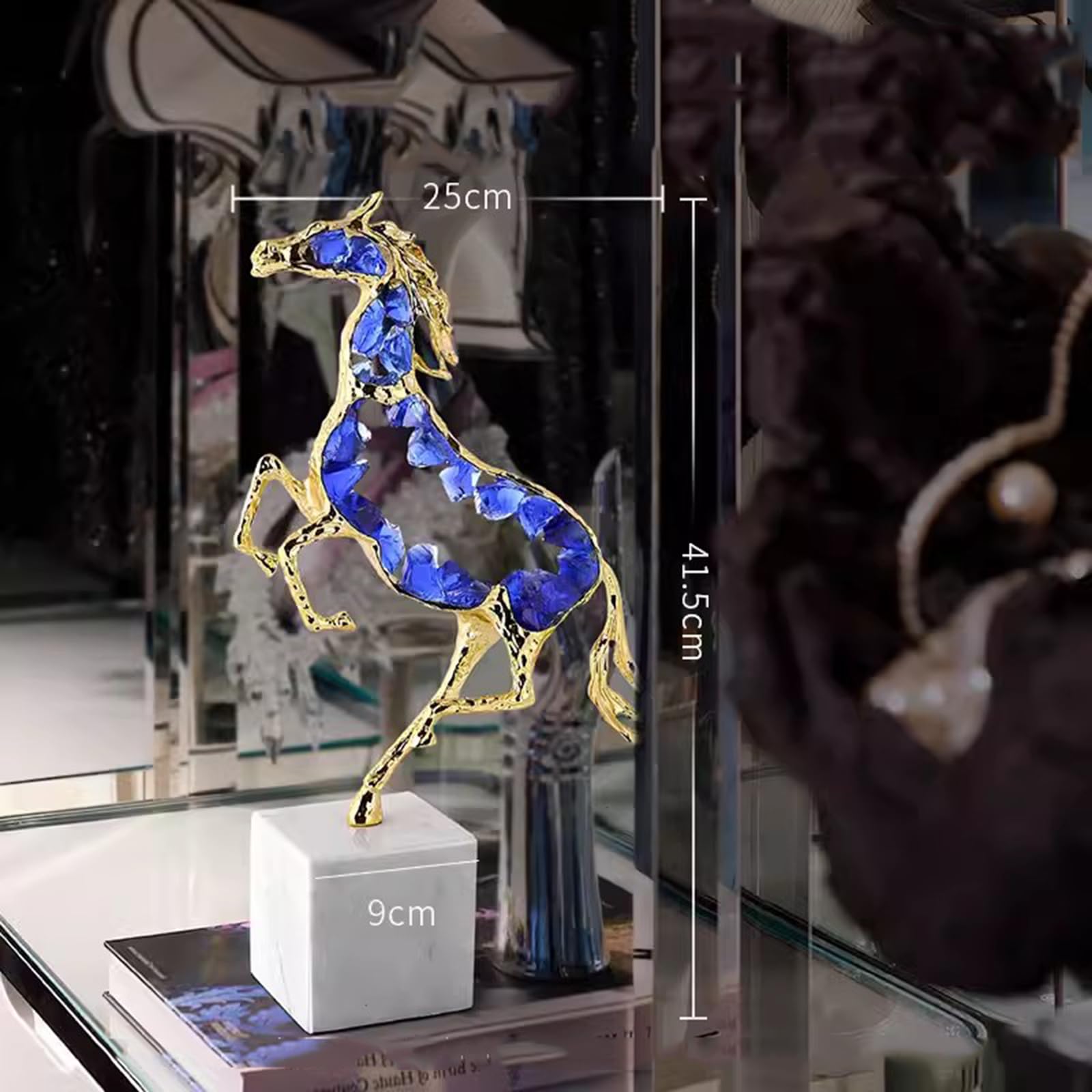 Luxury Modern Crystal Horse Statue – Marble Base Metal Glass Horse Sculpture, Handicraft Ornament for Home, Office, Bar & Desktop Decor, Collection Gift