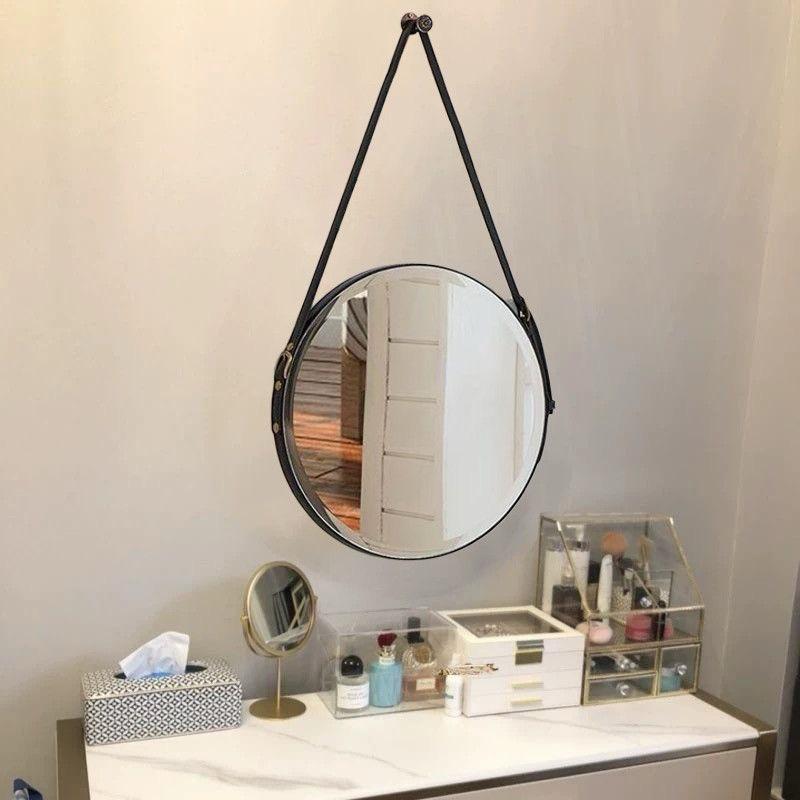 Nordic Wall Hanging Decorative Round Mirror with Leather Strap – Large 60cm Creative Vanity & Bathroom Mirror for Living Room Home Decor