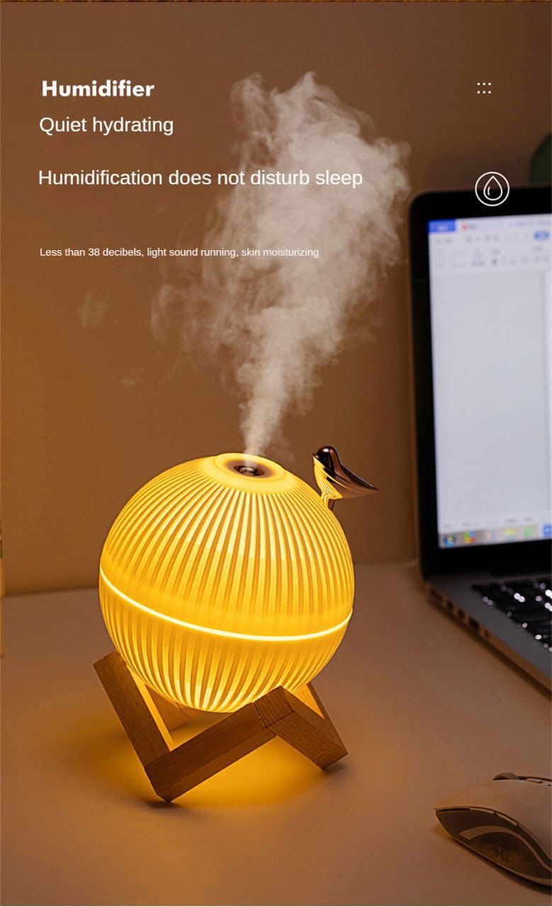 Lark Bird Ultrasonic Air Humidifier & Diffuser with Wooden Stand – 330ml USB Rechargeable Atomizer for Home & Office Aromatherapy and Air Moisture