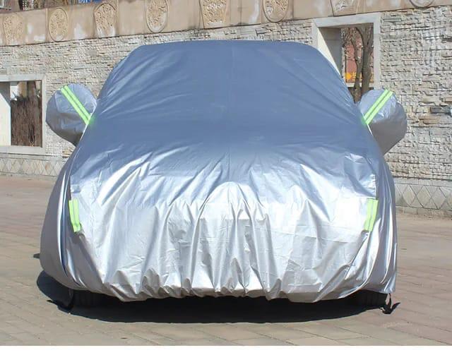 High Quality Universal Grey Car Cover – Fleece Lined Interior with Side Reflectors, Waterproof & Breathable Outdoor Protection from Rain, Snow, and Heat