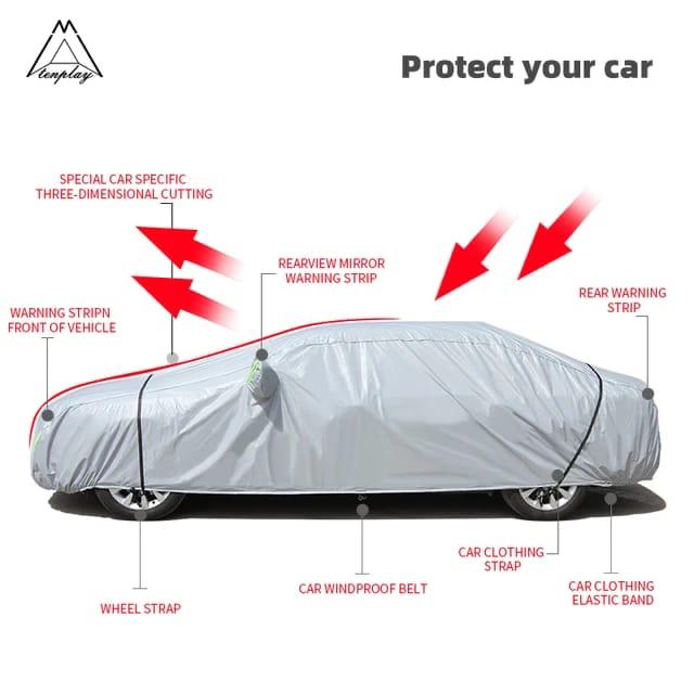 High Quality Universal Grey Car Cover – Fleece Lined Interior with Side Reflectors, Waterproof & Breathable Outdoor Protection from Rain, Snow, and Heat