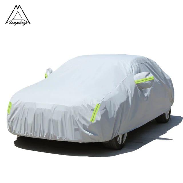 High Quality Universal Grey Car Cover – Fleece Lined Interior with Side Reflectors, Waterproof & Breathable Outdoor Protection from Rain, Snow, and Heat
