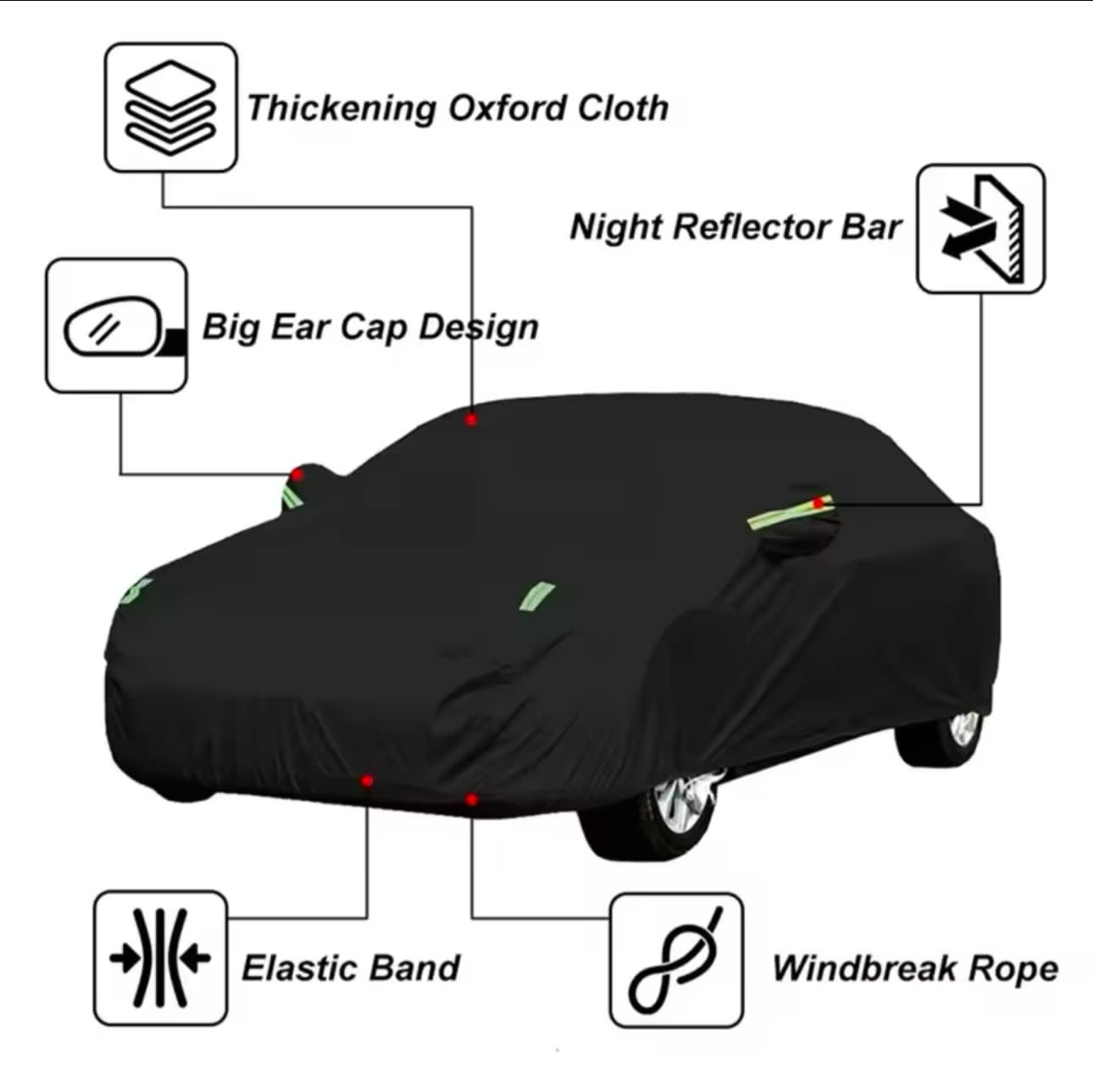 High Quality Universal Black Car Cover – Fleece Lined Interior with Side Reflectors, Waterproof & Breathable Outdoor Protection from Rain, Snow, and Heat