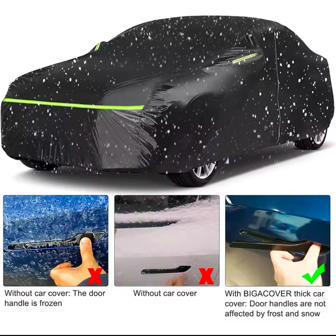 High Quality Universal Black Car Cover – Fleece Lined Interior with Side Reflectors, Waterproof & Breathable Outdoor Protection from Rain, Snow, and Heat