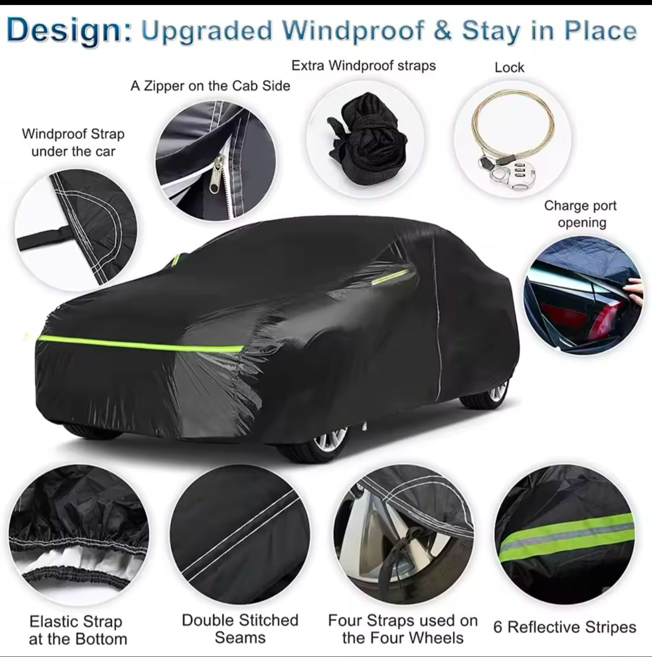 High Quality Universal Black Car Cover – Fleece Lined Interior with Side Reflectors, Waterproof & Breathable Outdoor Protection from Rain, Snow, and Heat