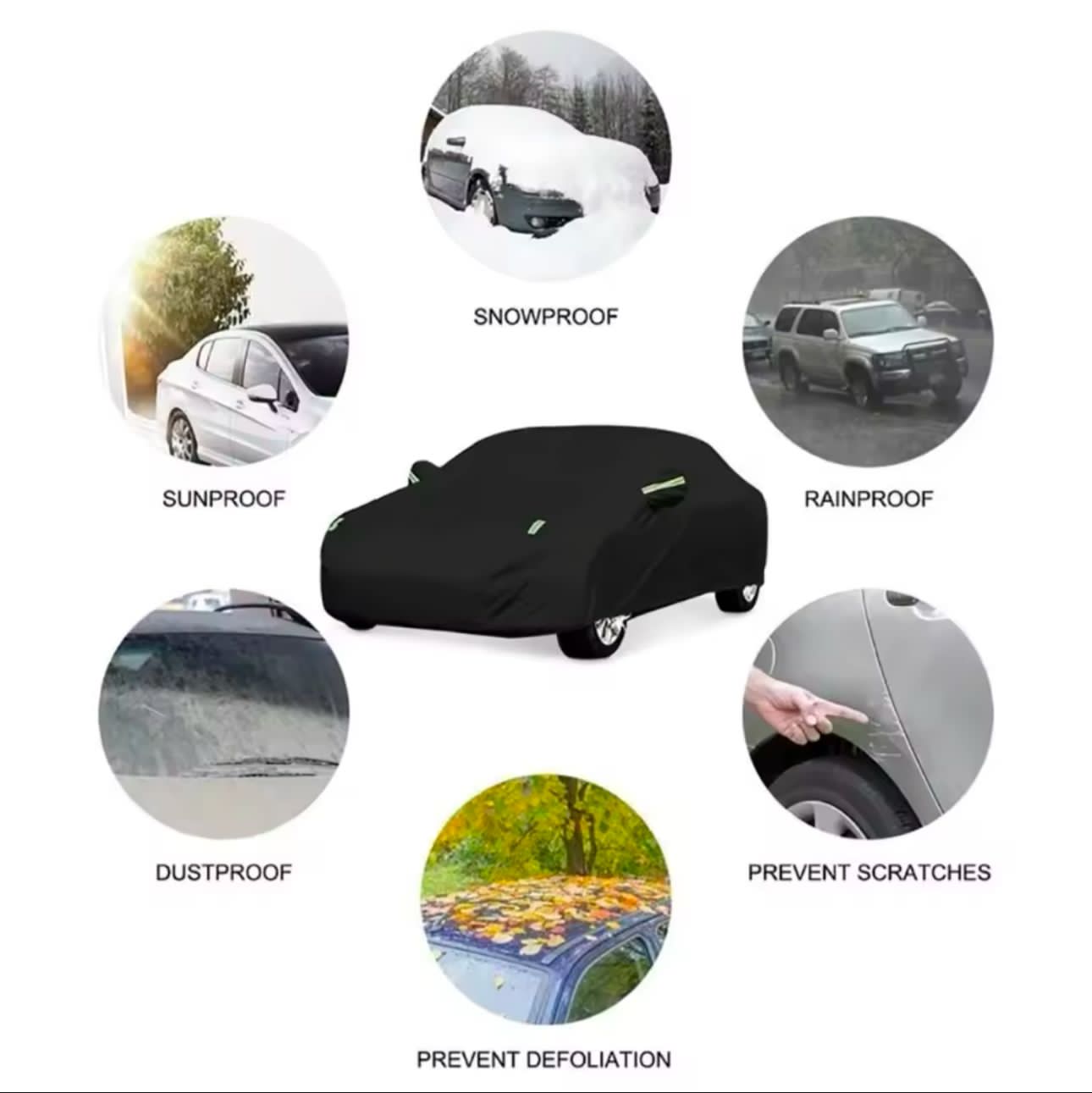 High Quality Universal Black Car Cover – Fleece Lined Interior with Side Reflectors, Waterproof & Breathable Outdoor Protection from Rain, Snow, and Heat