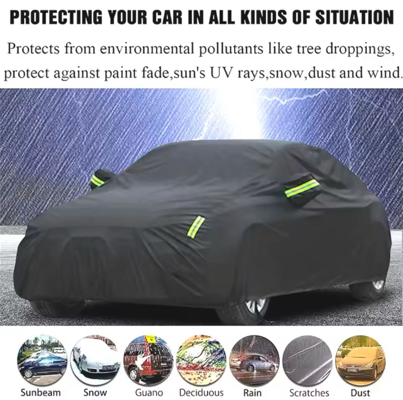 High Quality Universal Black Car Cover – Fleece Lined Interior with Side Reflectors, Waterproof & Breathable Outdoor Protection from Rain, Snow, and Heat