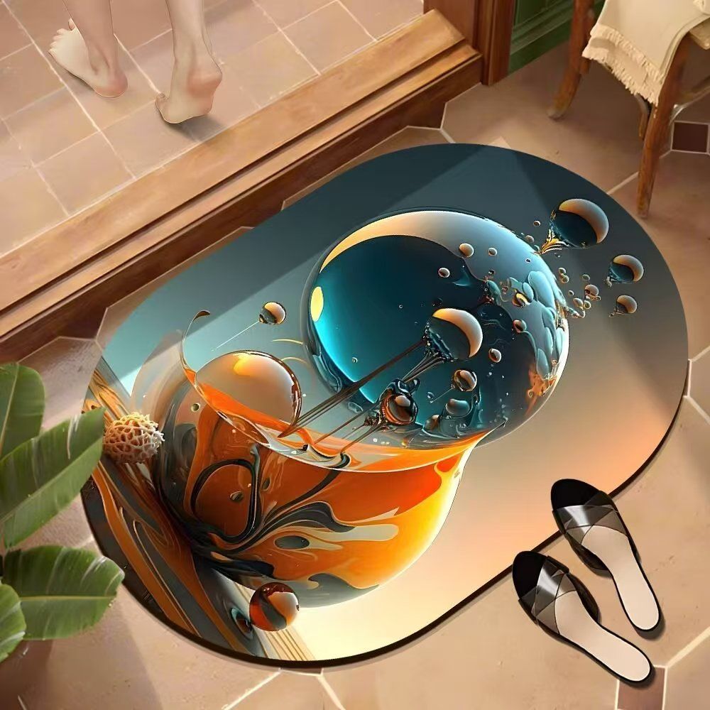 Small Size Oval Bathroom and Door Mat with Rubber Underside – 40x60cm Compact Anti-Slip Absorbent Floor Mat for Entryway, Shower, Sink and Home Use