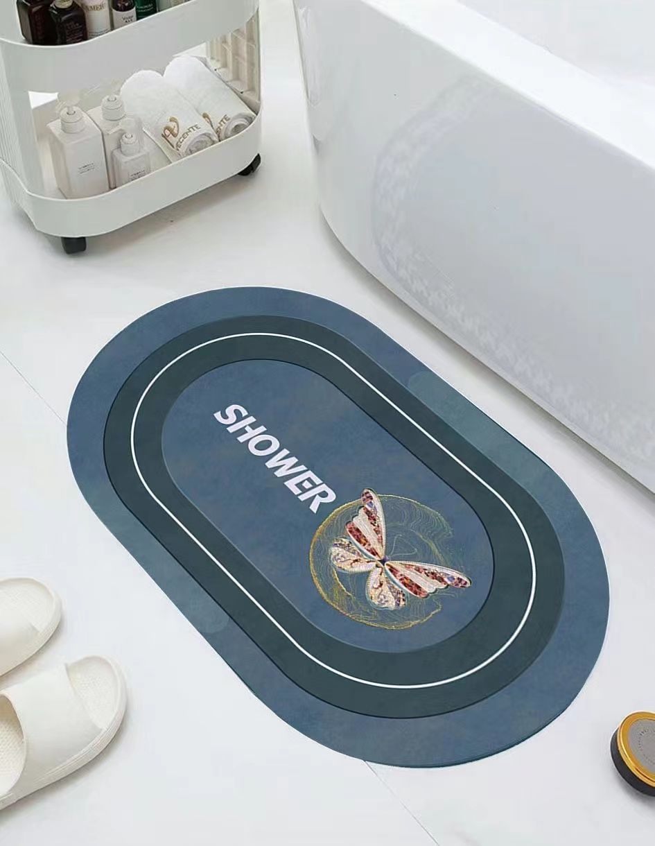 Small Size Oval Bathroom and Door Mat with Rubber Underside – 40x60cm Compact Anti-Slip Absorbent Floor Mat for Entryway, Shower, Sink and Home Use