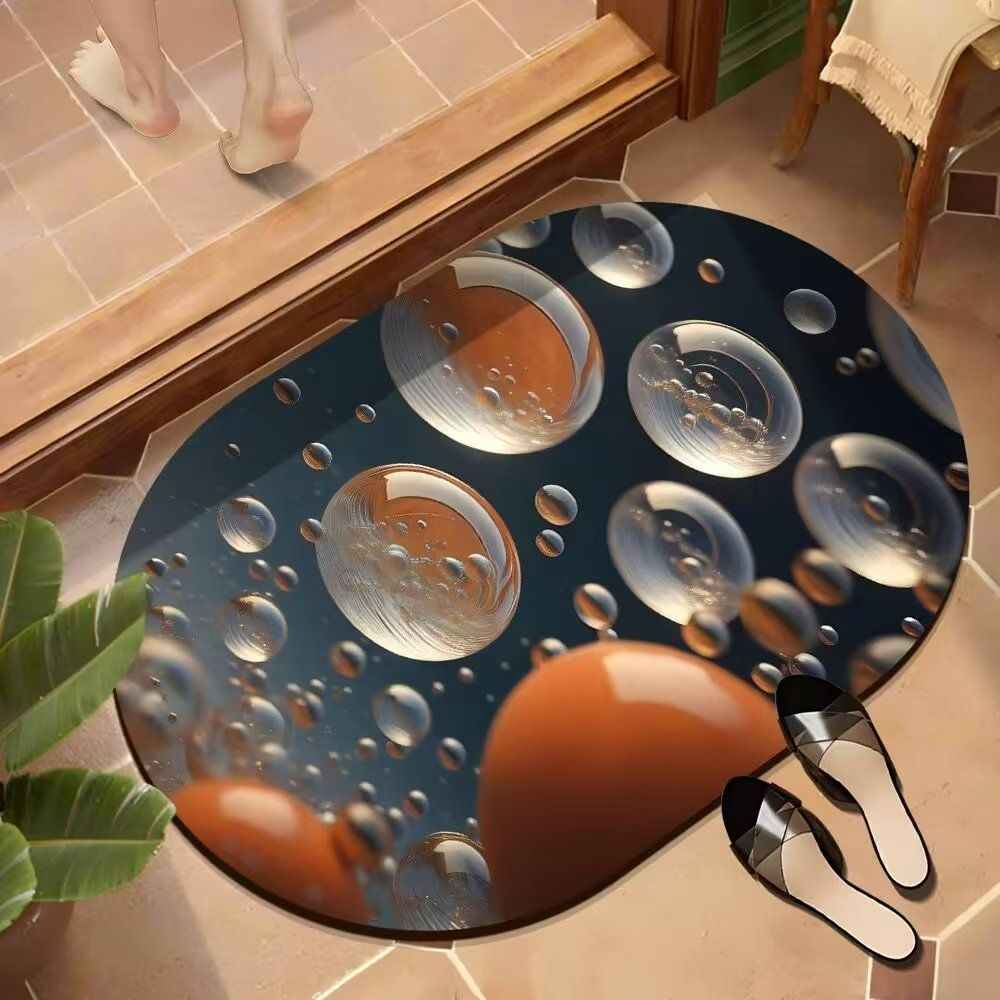 Small Size Oval Bathroom and Door Mat with Rubber Underside – 40x60cm Compact Anti-Slip Absorbent Floor Mat for Entryway, Shower, Sink and Home Use