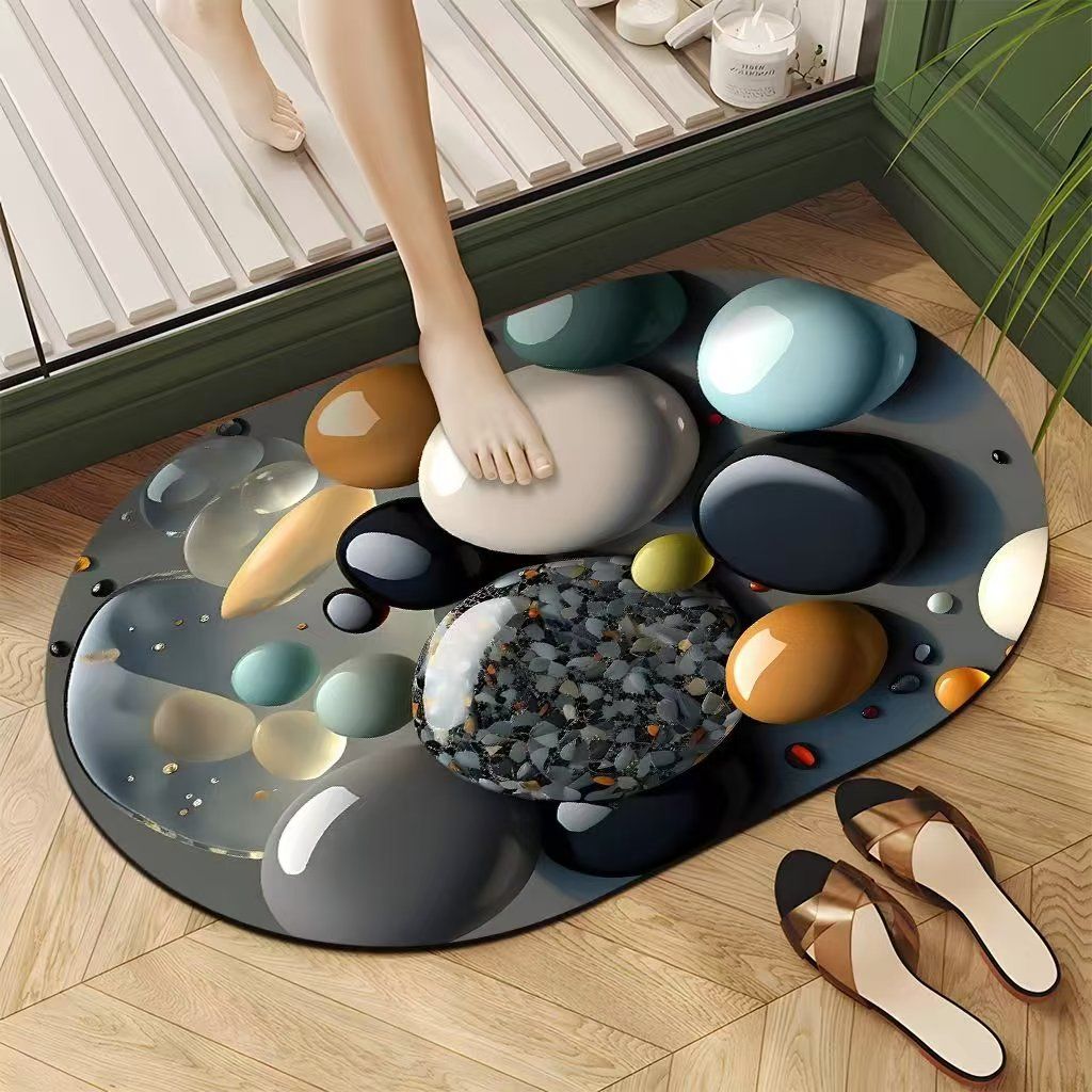 Small Size Oval Bathroom and Door Mat with Rubber Underside – 40x60cm Compact Anti-Slip Absorbent Floor Mat for Entryway, Shower, Sink and Home Use