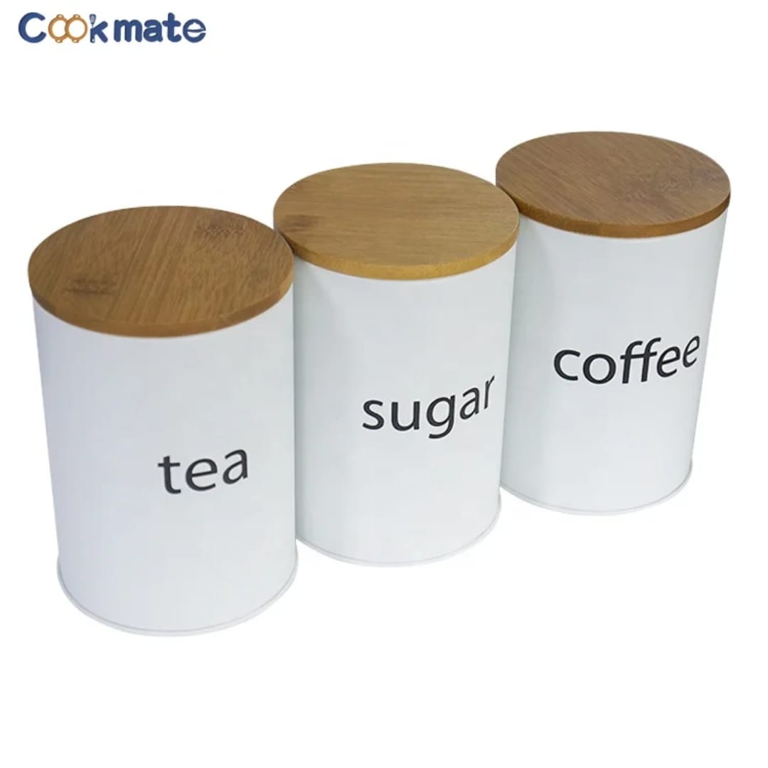 Coffee, Sugar and Tea Alloy Canisters with Bamboo Lids – Set of Three Airtight Kitchen Storage Containers for Countertop Organization and Freshness Preservation