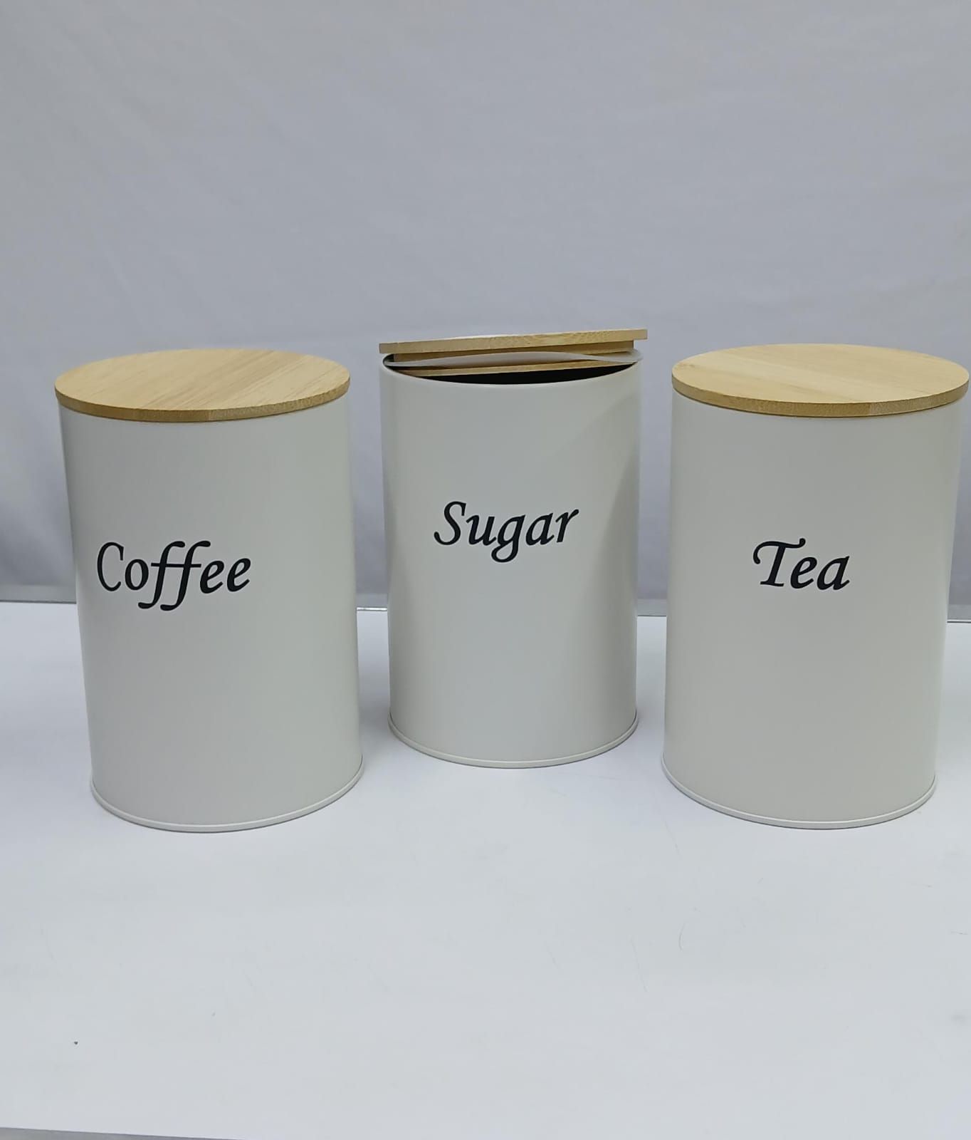 Coffee, Sugar and Tea Alloy Canisters with Bamboo Lids – Set of Three Airtight Kitchen Storage Containers for Countertop Organization and Freshness Preservation