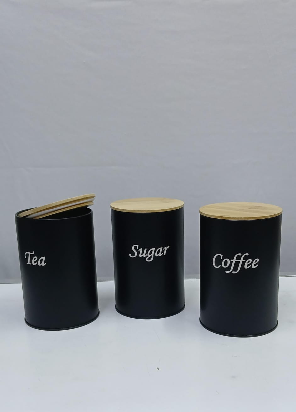 Coffee, Sugar and Tea Alloy Canisters with Bamboo Lids – Set of Three Airtight Kitchen Storage Containers for Countertop Organization and Freshness Preservation