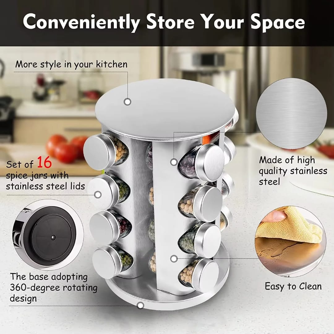 16 Heads Rotating Seasoning and Spice Rack – 360 Degree Revolving Countertop Organizer for Spice Jars, Condiments and Cooking Ingredients in Kitchen