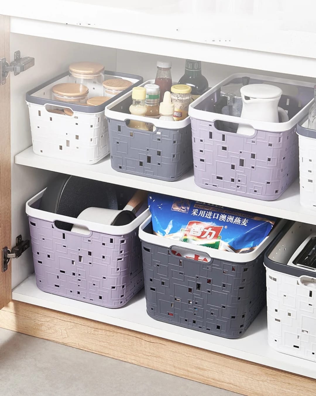 Large Binded Plastic Storage Basket 31x21.5x17.5cm – Sturdy Organizer Bin for Kitchen Shelves, Pantry, Bathroom Cabinets and Home Storage Solutions