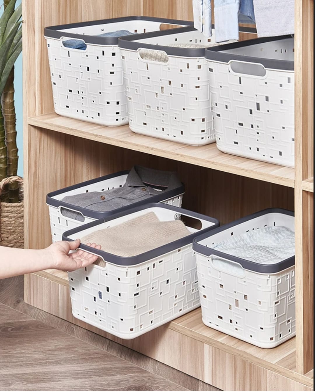 Large Binded Plastic Storage Basket 31x21.5x17.5cm – Sturdy Organizer Bin for Kitchen Shelves, Pantry, Bathroom Cabinets and Home Storage Solutions