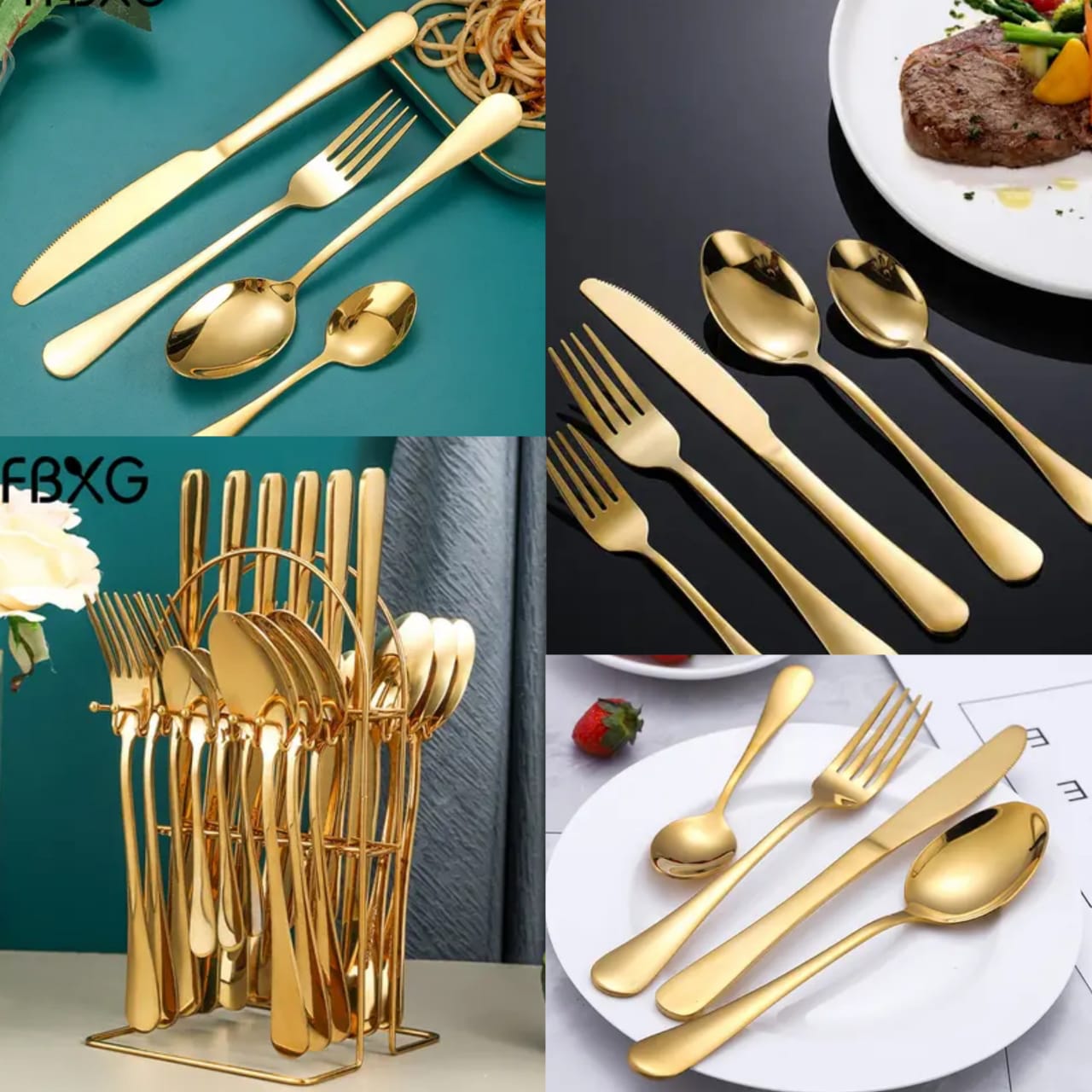24pcs High Quality Kitchen Cutlery Set with Stand in Gold and Silver – Includes 6 Table Spoons, 6 Tea Spoons, 6 Butter Knives and 6 Forks