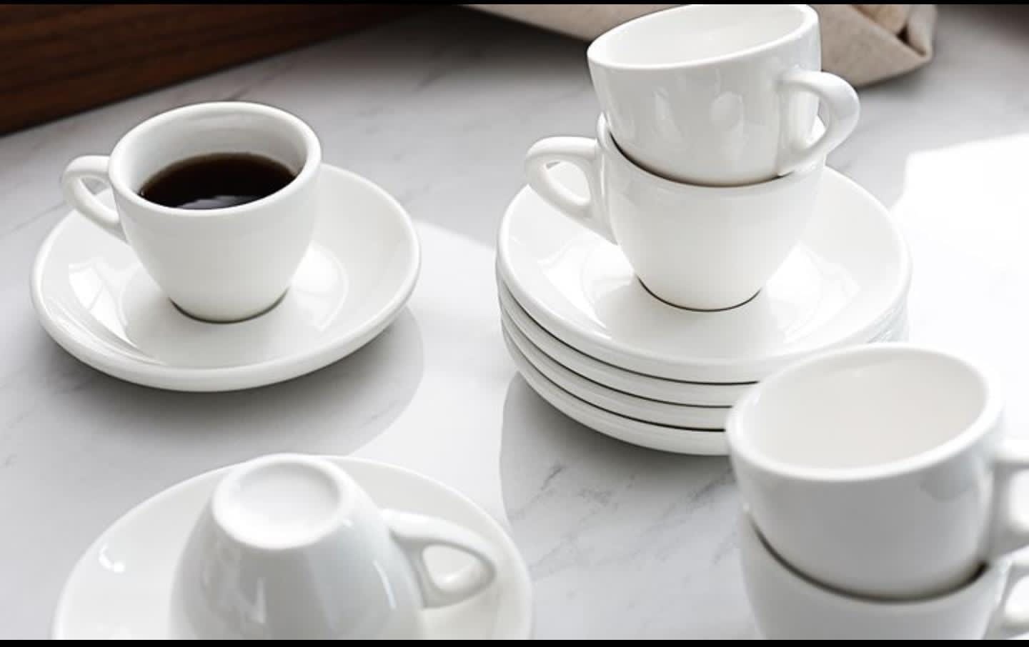 12 Pieces White Fine Porcelain Ceramic Kitchen Cup and Saucers Set – 6 Cups and 6 Saucers for Tea or Coffee Service at Home or Office