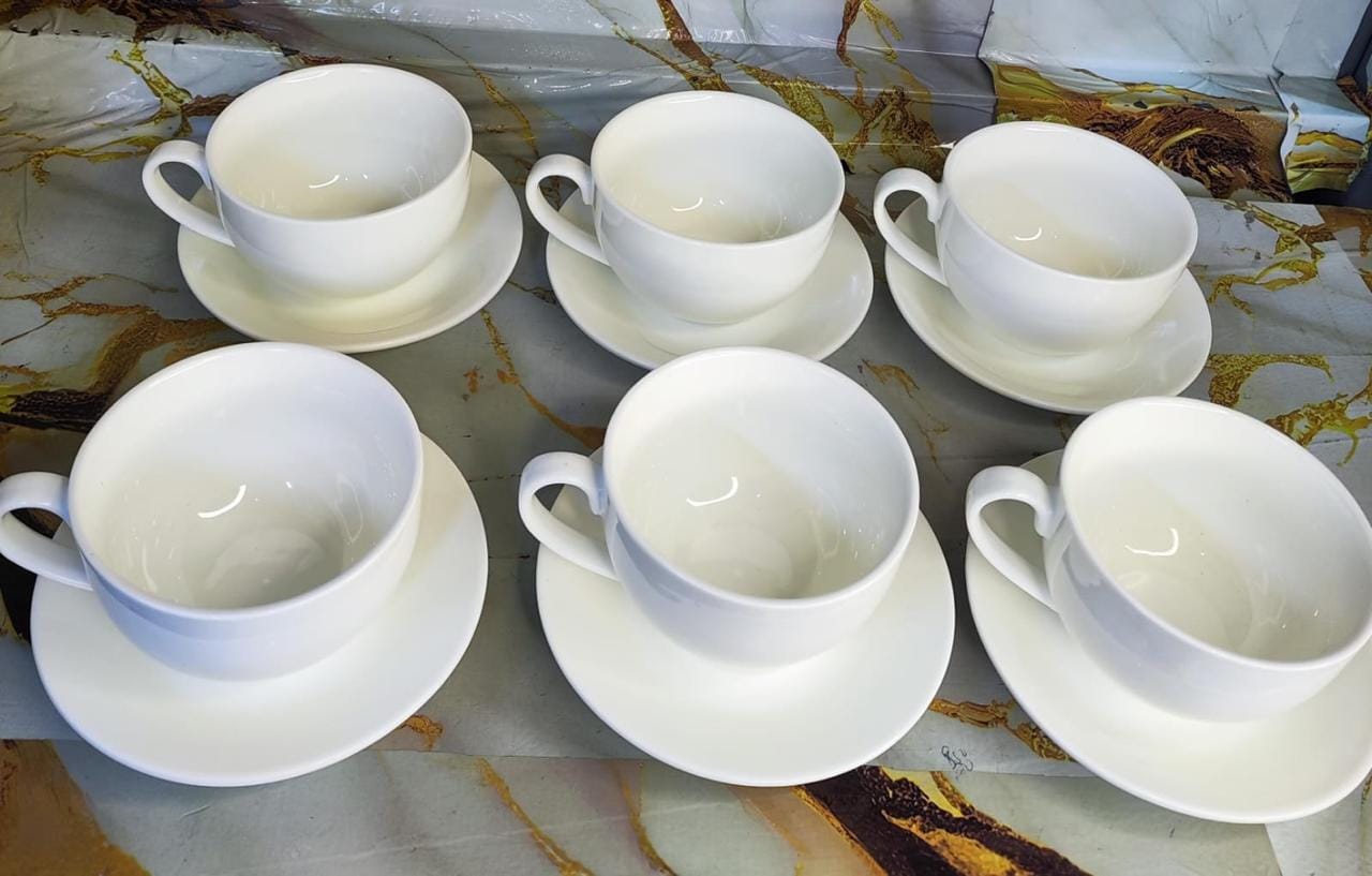 12 Pieces White Fine Porcelain Ceramic Kitchen Cup and Saucers Set – 6 Cups and 6 Saucers for Tea or Coffee Service at Home or Office