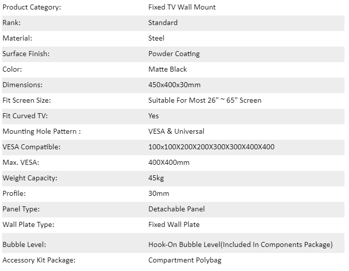 TV Wall Mount TV Stand 26″-65″ Skill Tech Steel Material Fixed Solid Wall mount suitable for 26 inch to 65 inch Tv, load capacity of 45kg, flat panel tv wall mount ( SH-45F )