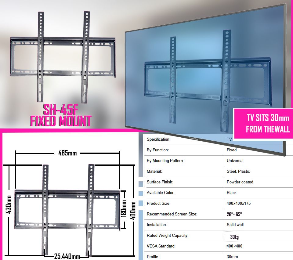 TV Wall Mount TV Stand 26″-65″ Skill Tech Steel Material Fixed Solid Wall mount suitable for 26 inch to 65 inch Tv, load capacity of 45kg, flat panel tv wall mount ( SH-45F )