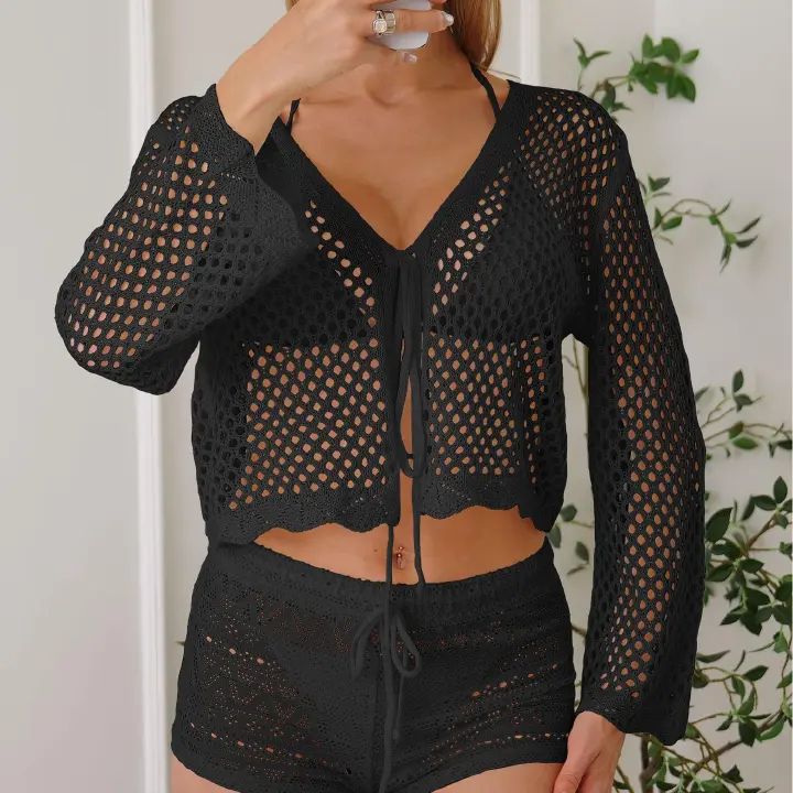 Ladies' Lace-Up Cardigan, Cut-Out Woven Sweater, Beach Sun Protection Casual Coat