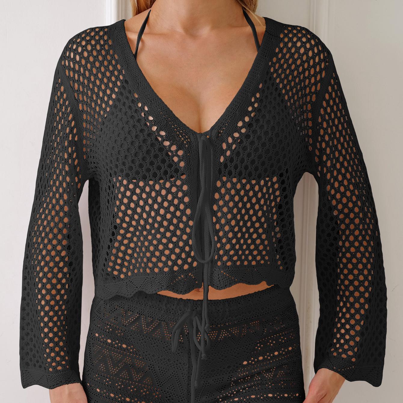 Ladies' Lace-Up Cardigan, Cut-Out Woven Sweater, Beach Sun Protection Casual Coat