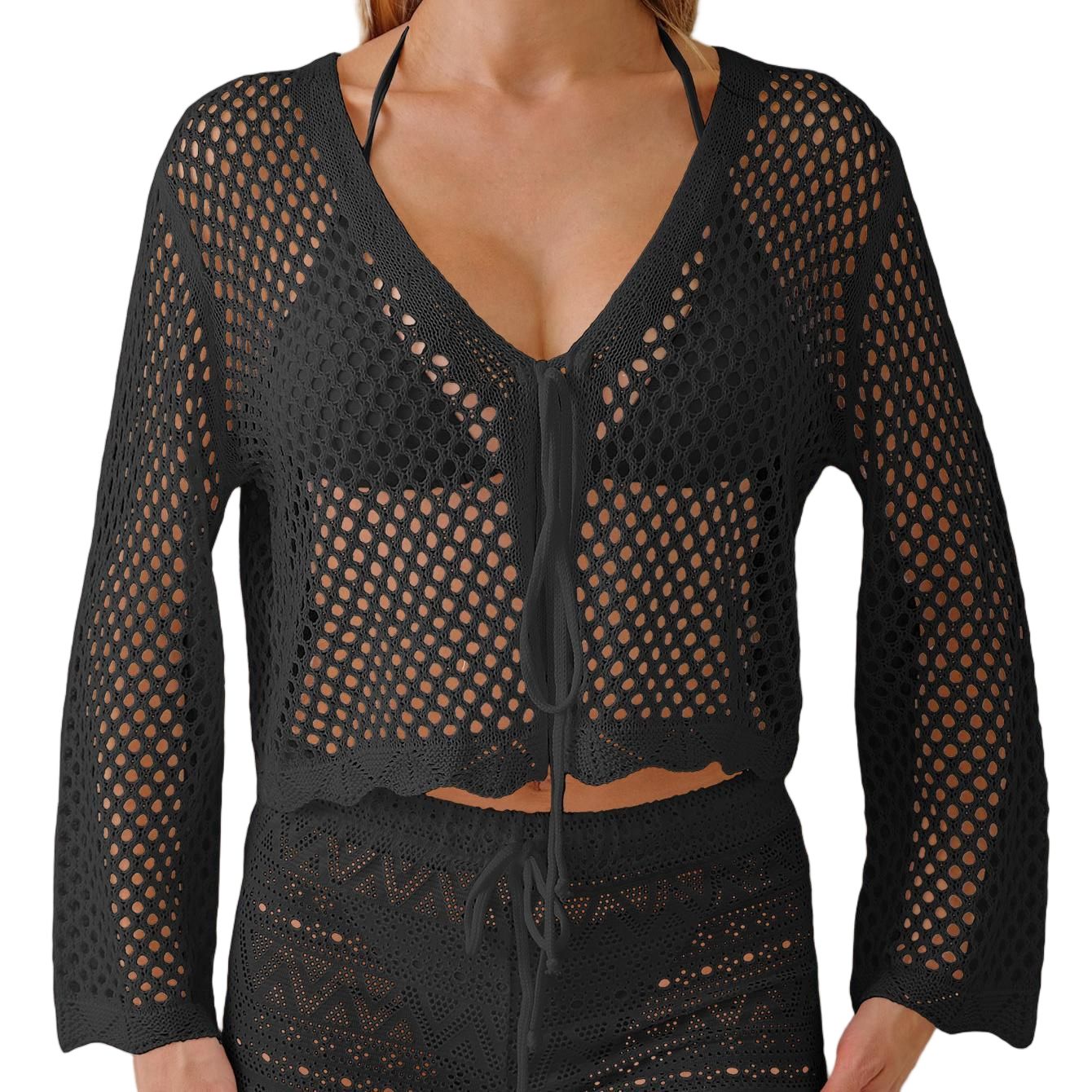 Ladies' Lace-Up Cardigan, Cut-Out Woven Sweater, Beach Sun Protection Casual Coat
