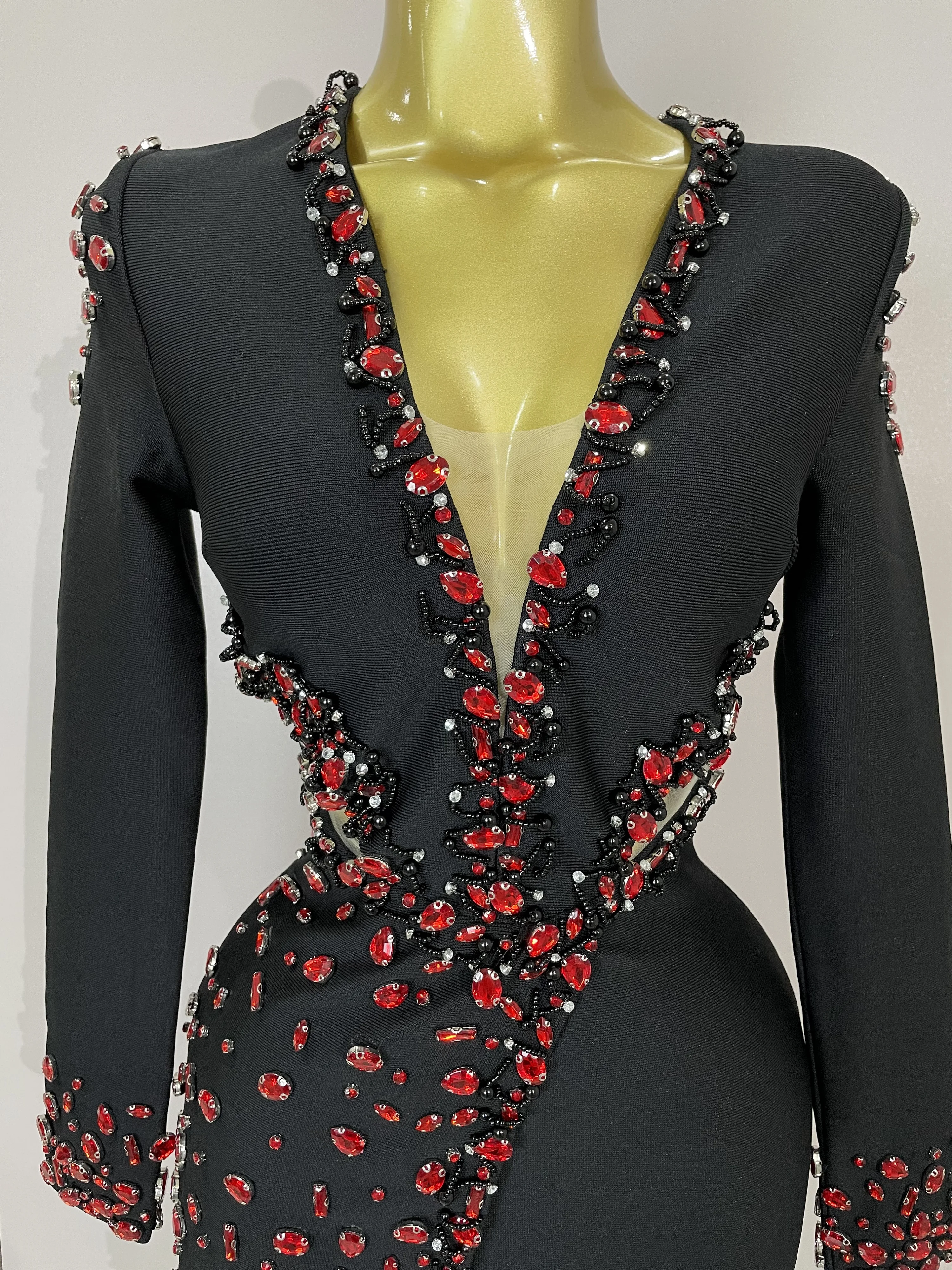 Women Celebrity Sexy Long Sleeve V Neck Rhinestone Black Bandage Dress Elegant Evening Club Luxury Birthday Party Dresses