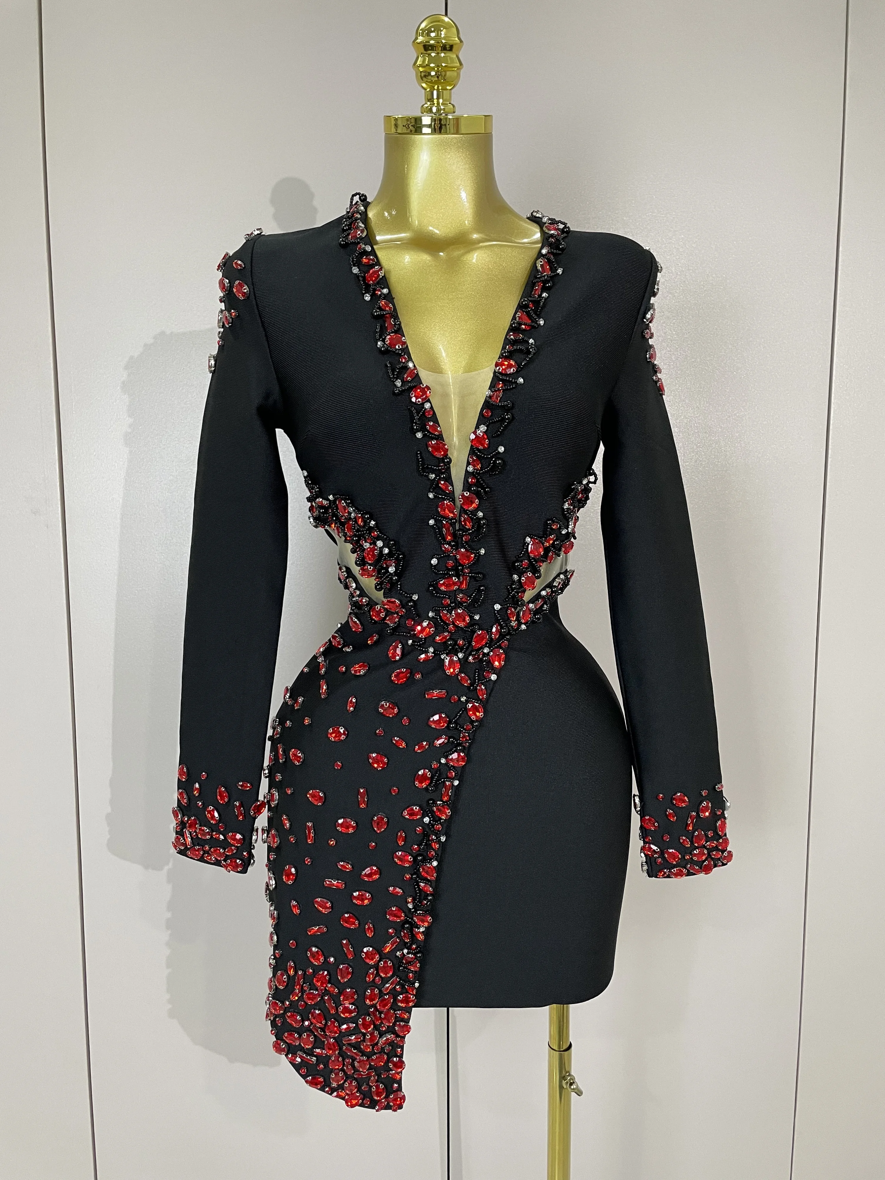 Women Celebrity Sexy Long Sleeve V Neck Rhinestone Black Bandage Dress Elegant Evening Club Luxury Birthday Party Dresses