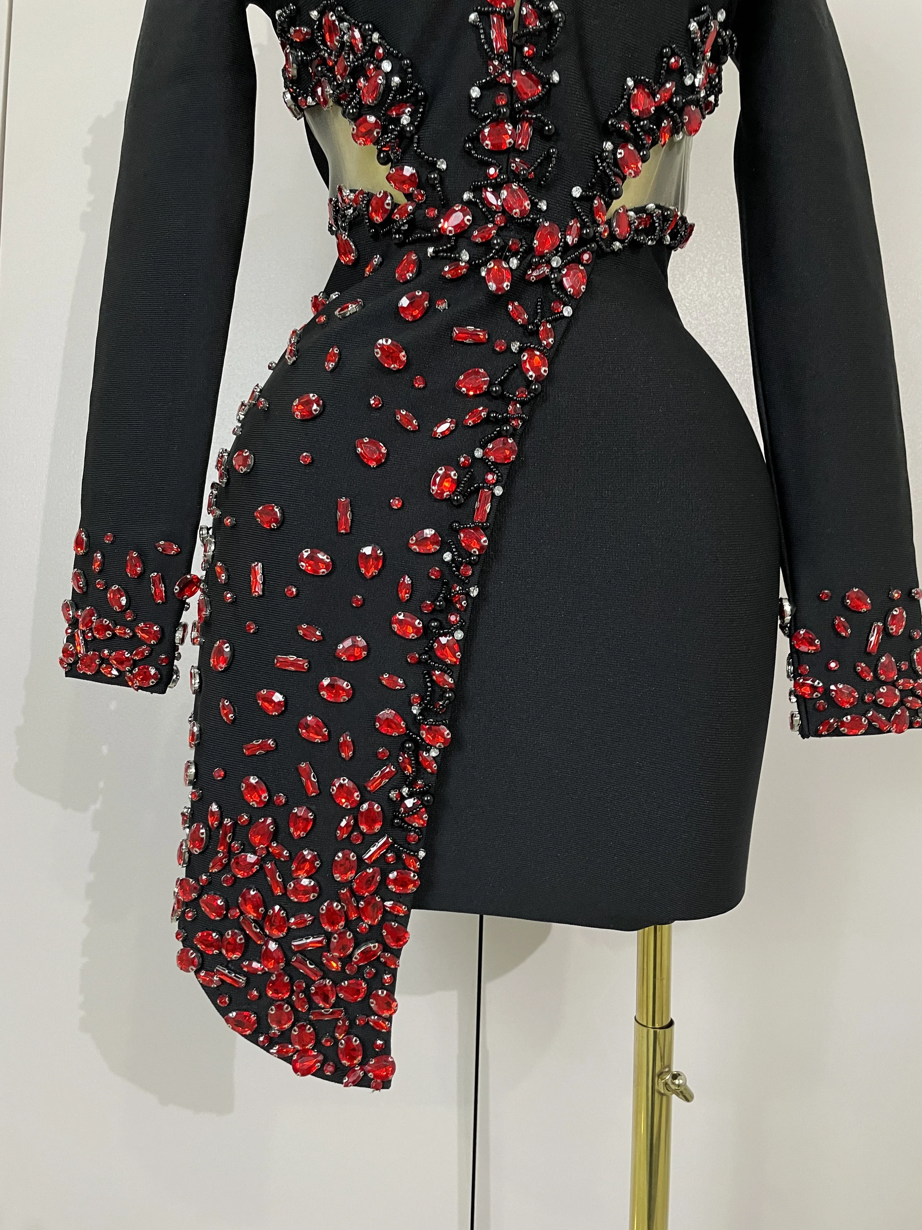 Women Celebrity Sexy Long Sleeve V Neck Rhinestone Black Bandage Dress Elegant Evening Club Luxury Birthday Party Dresses