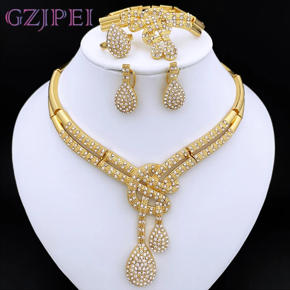 Dubai Gold Color Women Jewelry Sets Classic Design Necklace Earrings Charm Bracelet Ring  Banquet Party Jewelry 18K Gold Plated