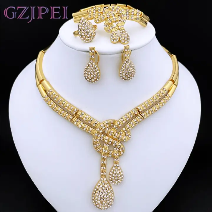 Dubai Gold Color Women Jewelry Sets Classic Design Necklace Earrings Charm Bracelet Ring  Banquet Party Jewelry 18K Gold Plated