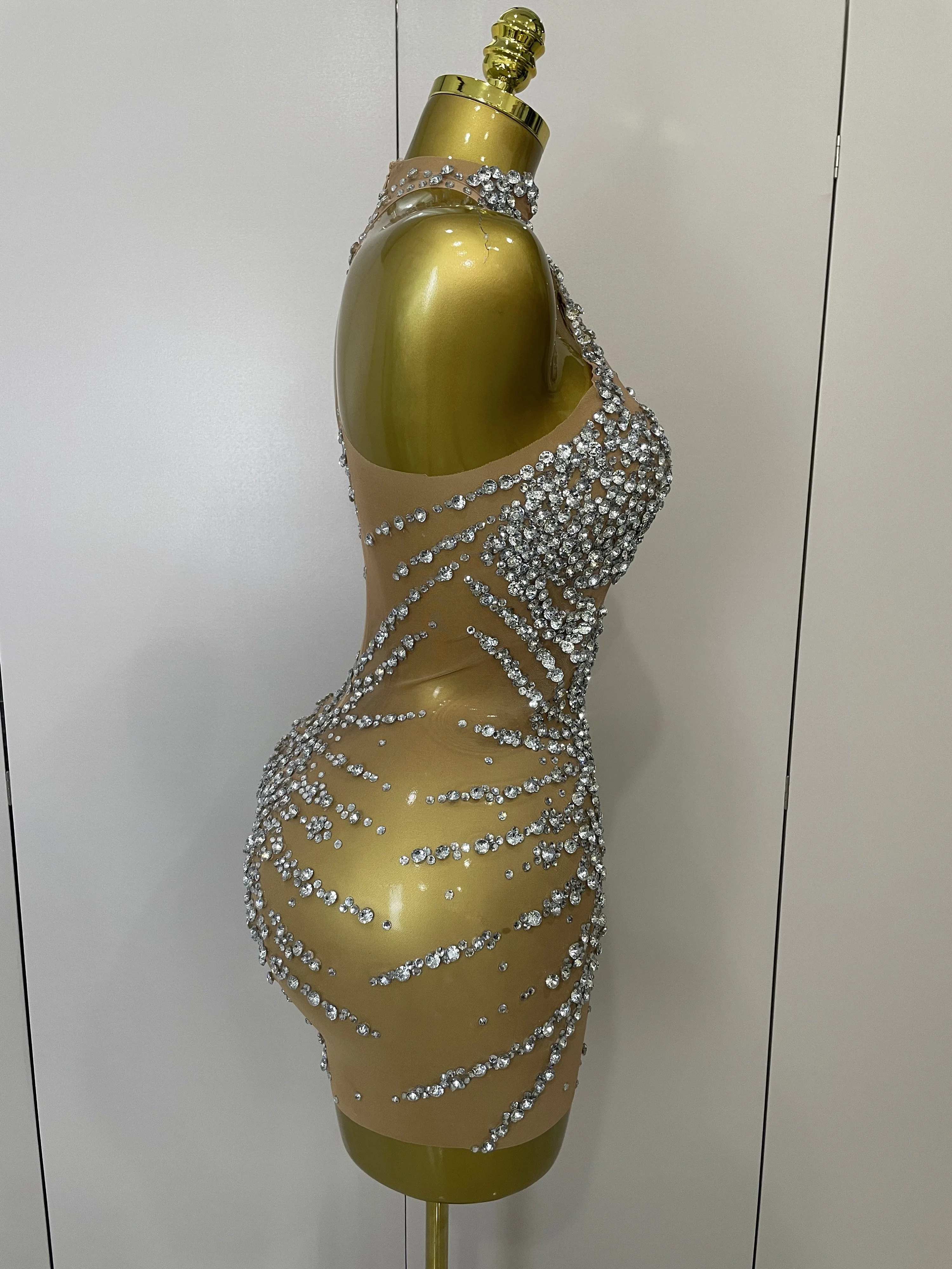 STOCK Sparkly Rhinestones Sexy Mesh See Through Dress Party Evening Prom Celebrate Birthday Dress Singer Dancer Show Stage Wear