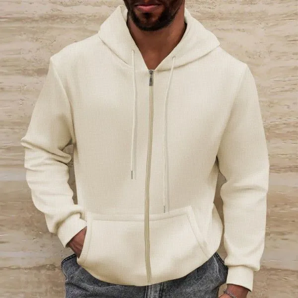 Men's Waffle Solid Color Pocket Zipper Long-Sleeved Jacket Jacket Hoodie Sweatshirts & Hoodies