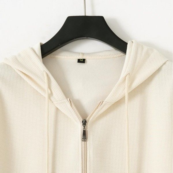 Men's Waffle Solid Color Pocket Zipper Long-Sleeved Jacket Jacket Hoodie Sweatshirts & Hoodies