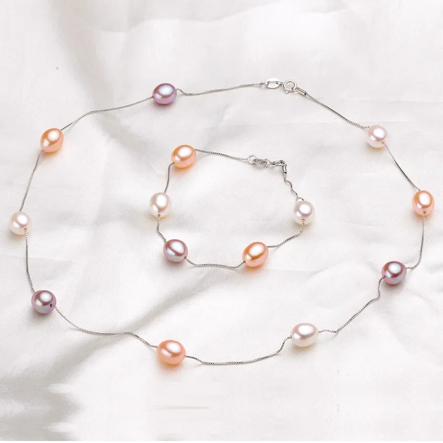 Natural Pearl Necklace/Bracelet Jewelry Sets 925 Sterling Silver Chain with Freshwater Pearl Jewelry Gift for Women