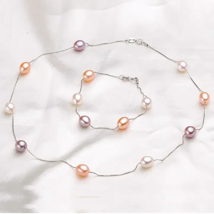Natural Pearl Necklace/Bracelet Jewelry Sets 925 Sterling Silver Chain with Freshwater Pearl Jewelry Gift for Women