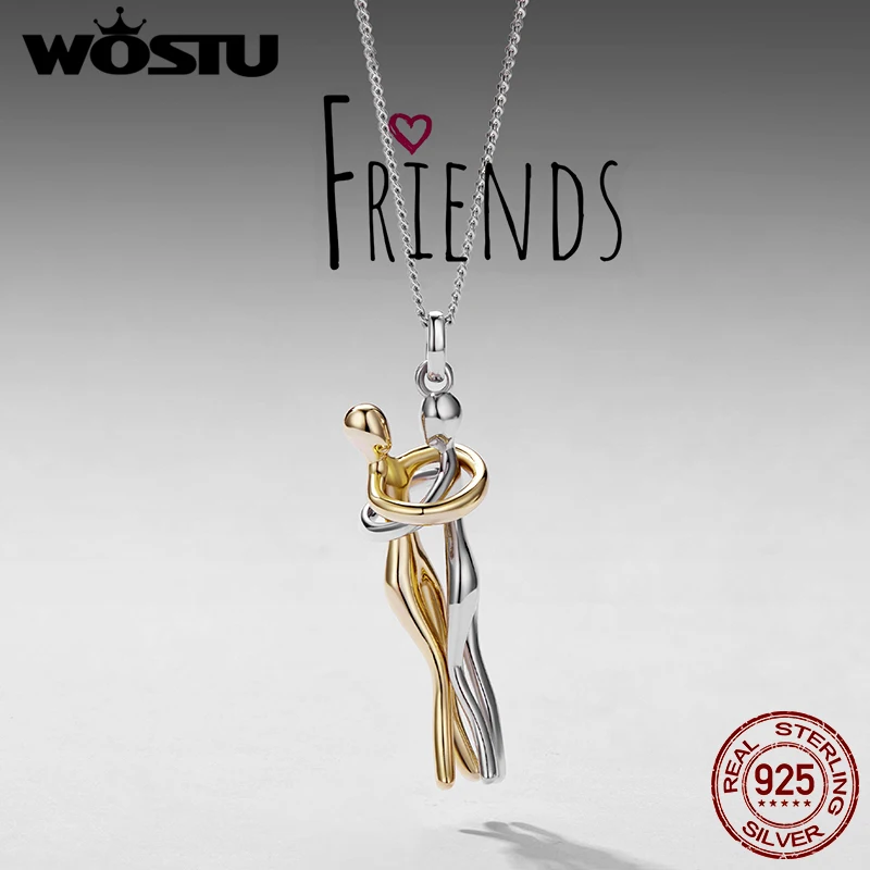 925 Solid Silver Hug Pendant Necklace For Sister Friend, Silver Gold Two-tone Embrace Pendant Friendship Jewelry Gift
