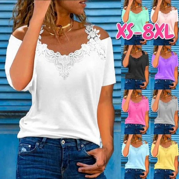 Ladies' V-Neck Patchwork Short-Sleeved Lace Casual Loose T-Shirt