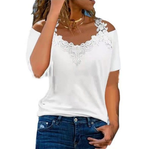 Ladies' V-Neck Patchwork Short-Sleeved Lace Casual Loose T-Shirt