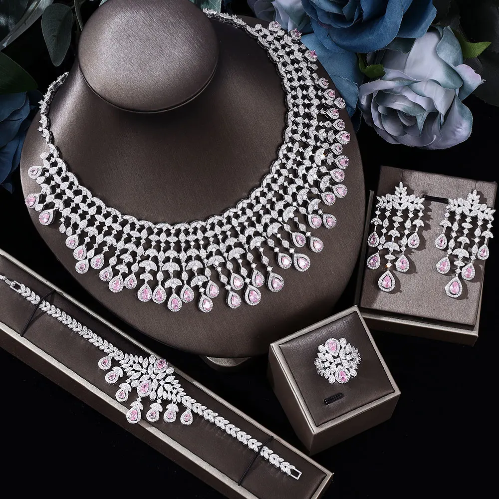 Luxury Women's Jewelry Elegant Shape Bride CZ Necklace Earrings Bracelet Ring Set of 4 Bridal Wedding Jewelry Sets